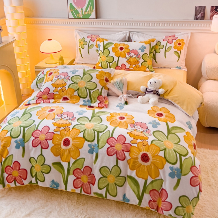 91家纺网 家纺一手货源 找家纺 宜家坊 2023新款小清新加厚印花牛奶绒四件套 简单款-花园女孩