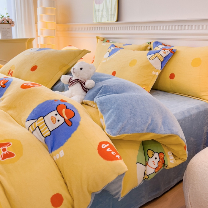 91家纺网 家纺一手货源 找家纺 宜家坊 2023新款小清新加厚印花牛奶绒四件套 简单款-加油鸭