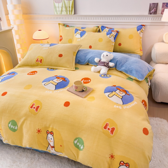 91家纺网 家纺一手货源 找家纺 宜家坊 2023新款小清新加厚印花牛奶绒四件套 简单款-加油鸭