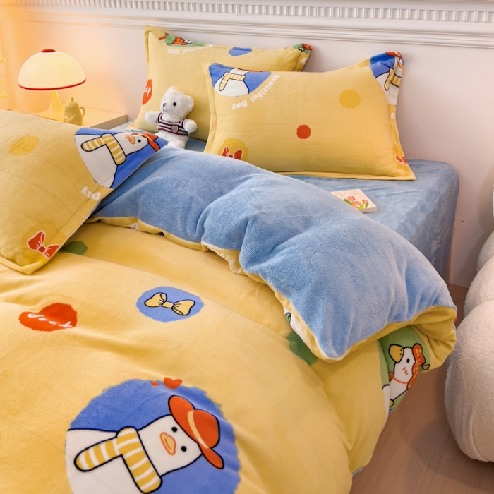 91家纺网 家纺一手货源 找家纺 宜家坊 2023新款小清新加厚印花牛奶绒四件套 简单款-加油鸭