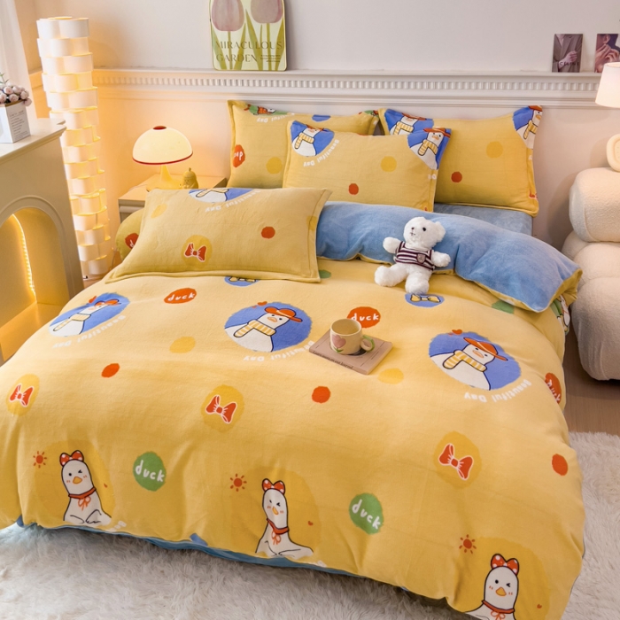 91家纺网 家纺一手货源 找家纺 宜家坊 2023新款小清新加厚印花牛奶绒四件套 简单款-加油鸭