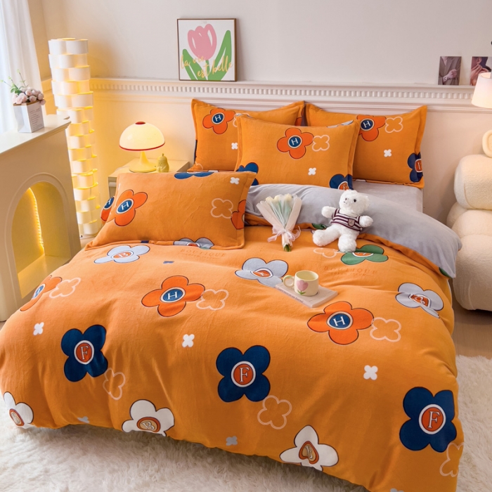 91家纺网 家纺一手货源 找家纺 宜家坊 2023新款小清新加厚印花牛奶绒四件套 简单款-锦上添花