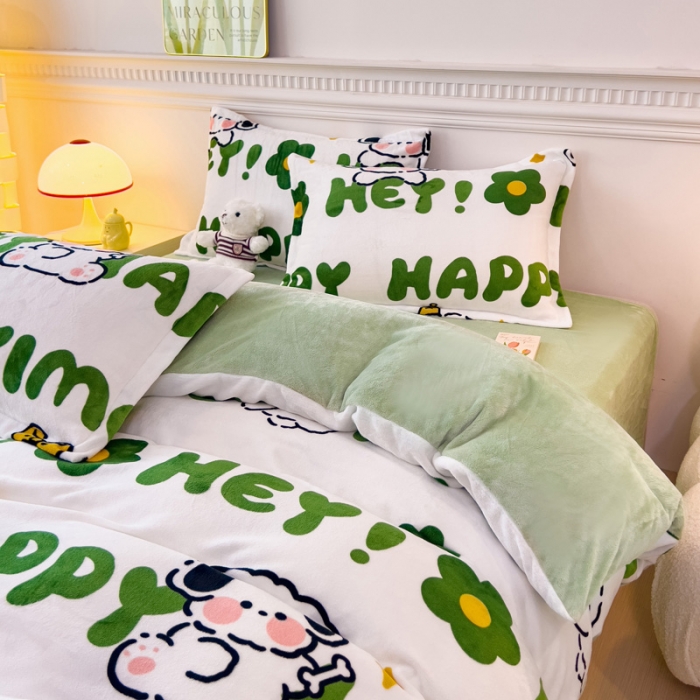 91家纺网 家纺一手货源 找家纺 宜家坊 2023新款小清新加厚印花牛奶绒四件套 简单款-快乐小狗