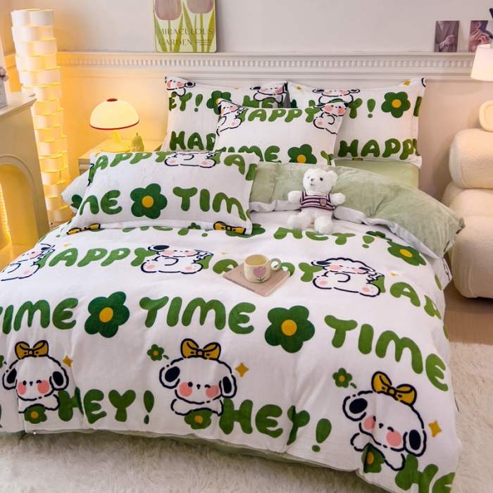 91家纺网 家纺一手货源 找家纺 宜家坊 2023新款小清新加厚印花牛奶绒四件套 简单款-快乐小狗