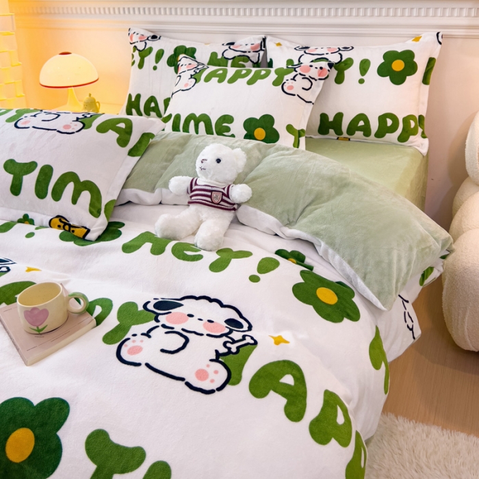 91家纺网 家纺一手货源 找家纺 宜家坊 2023新款小清新加厚印花牛奶绒四件套 简单款-快乐小狗