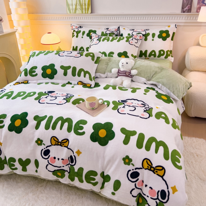 91家纺网 家纺一手货源 找家纺 宜家坊 2023新款小清新加厚印花牛奶绒四件套 简单款-快乐小狗