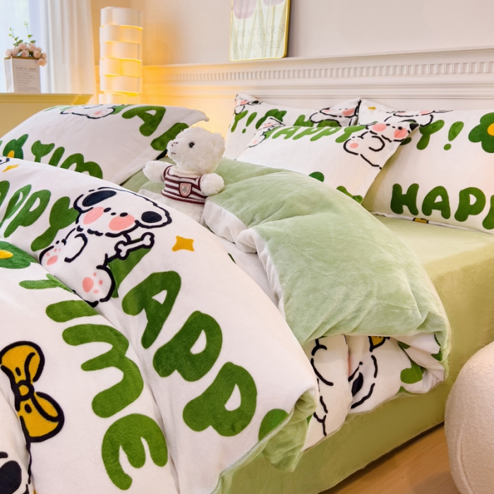 91家纺网 家纺一手货源 找家纺 宜家坊 2023新款小清新加厚印花牛奶绒四件套 简单款-快乐小狗