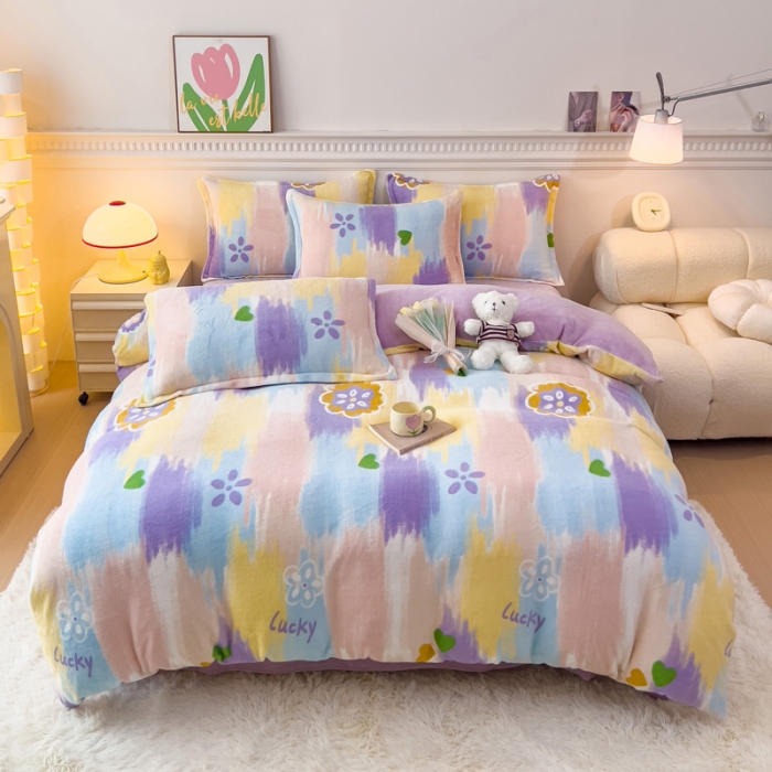 91家纺网 家纺一手货源 找家纺 宜家坊 2023新款小清新加厚印花牛奶绒四件套 简单款-流星花园