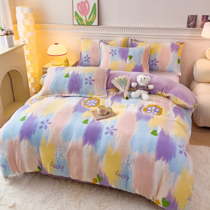 91家纺网 家纺一手货源 找家纺 宜家坊 2023新款小清新加厚印花牛奶绒四件套 简单款-流星花园