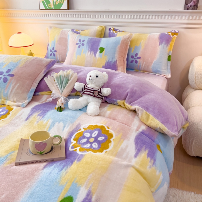 91家纺网 家纺一手货源 找家纺 宜家坊 2023新款小清新加厚印花牛奶绒四件套 简单款-流星花园