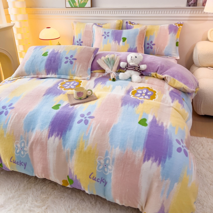 91家纺网 家纺一手货源 找家纺 宜家坊 2023新款小清新加厚印花牛奶绒四件套 简单款-流星花园