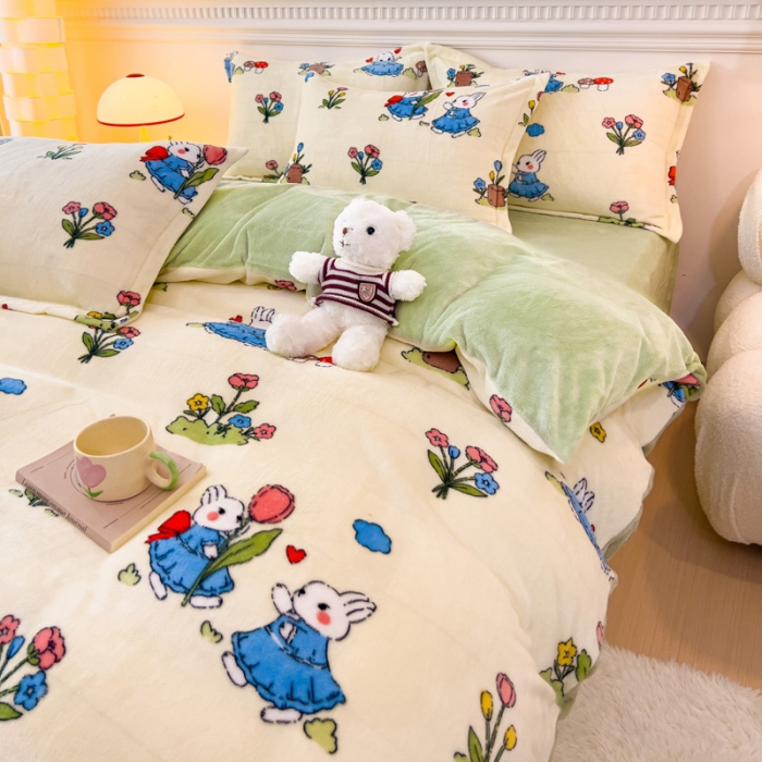 91家纺网 家纺一手货源 找家纺 宜家坊 2023新款小清新加厚印花牛奶绒四件套 简单款-米菲兔