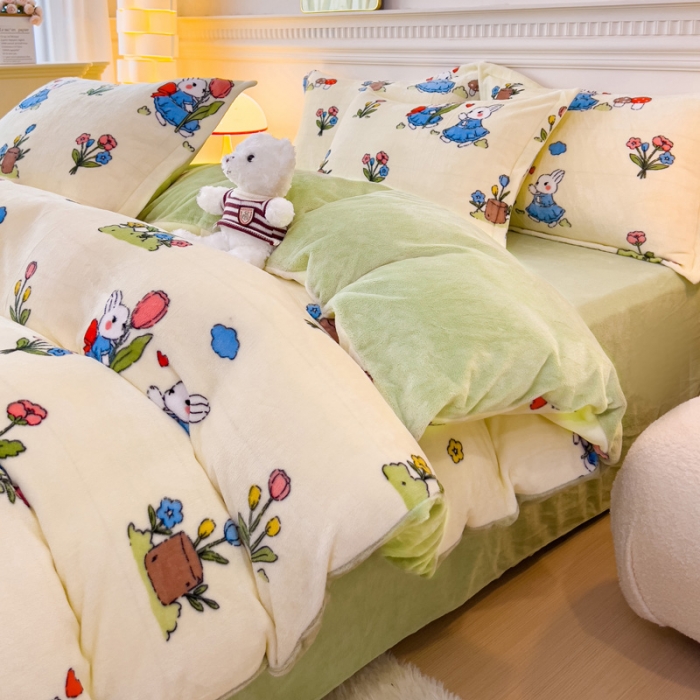 91家纺网 家纺一手货源 找家纺 宜家坊 2023新款小清新加厚印花牛奶绒四件套 简单款-米菲兔