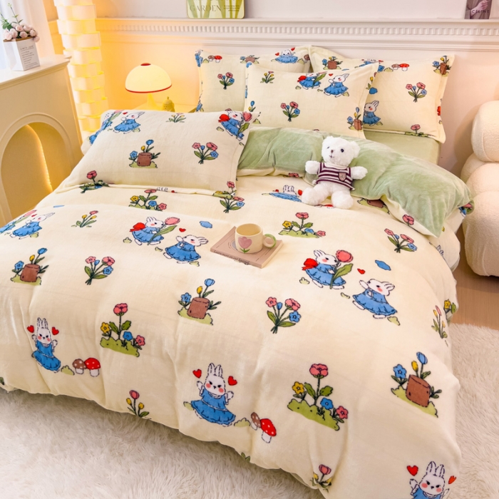 91家纺网 家纺一手货源 找家纺 宜家坊 2023新款小清新加厚印花牛奶绒四件套 简单款-米菲兔