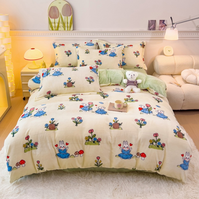 91家纺网 家纺一手货源 找家纺 宜家坊 2023新款小清新加厚印花牛奶绒四件套 简单款-米菲兔