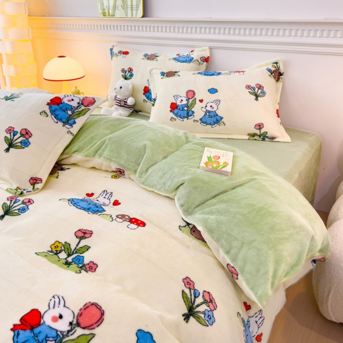 91家纺网 家纺一手货源 找家纺 宜家坊 2023新款小清新加厚印花牛奶绒四件套 简单款-米菲兔