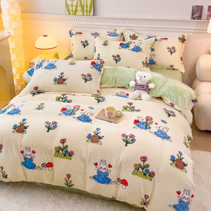 91家纺网 家纺一手货源 找家纺 宜家坊 2023新款小清新加厚印花牛奶绒四件套 简单款-米菲兔