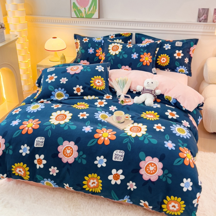 91家纺网 家纺一手货源 找家纺 宜家坊 2023新款小清新加厚印花牛奶绒四件套 简单款-秘密花园