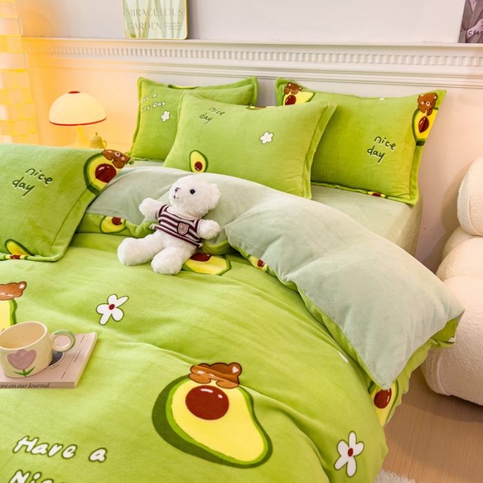 91家纺网 家纺一手货源 找家纺 宜家坊 2023新款小清新加厚印花牛奶绒四件套 简单款-牛油果