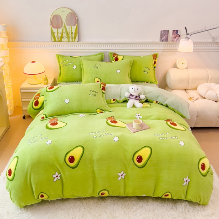 91家纺网 家纺一手货源 找家纺 宜家坊 2023新款小清新加厚印花牛奶绒四件套 简单款-牛油果