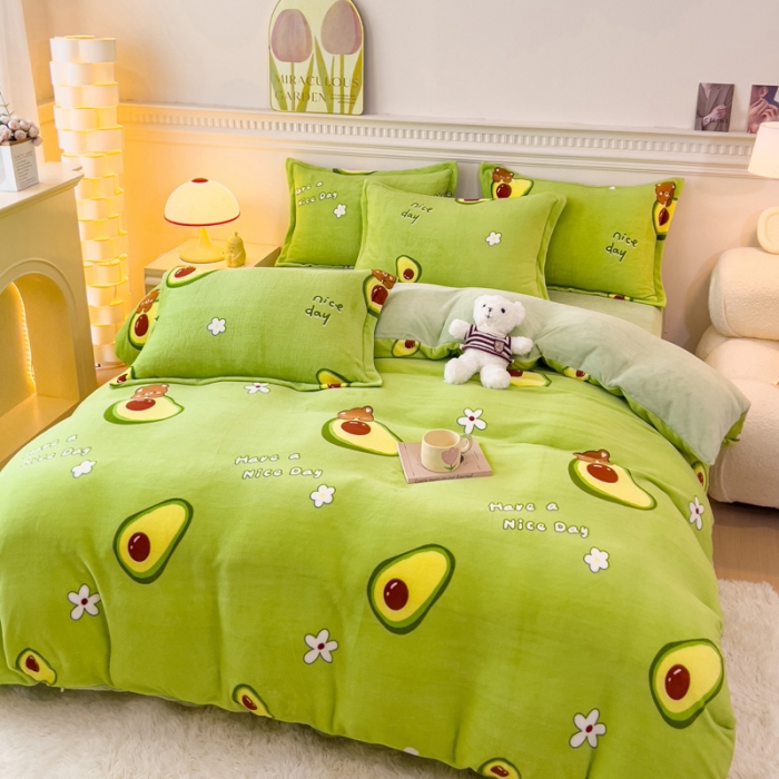 91家纺网 家纺一手货源 找家纺 宜家坊 2023新款小清新加厚印花牛奶绒四件套 简单款-牛油果