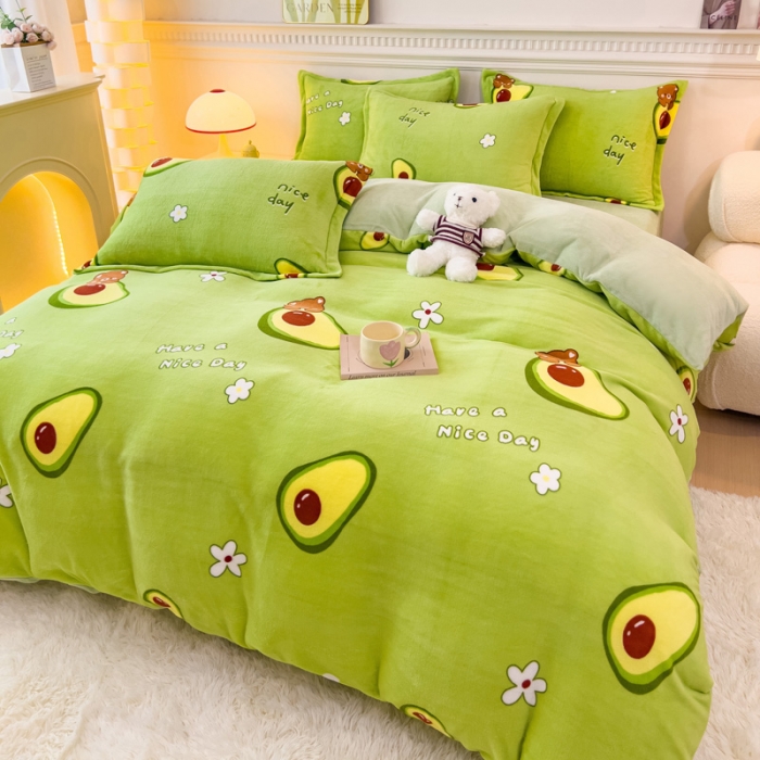 91家纺网 家纺一手货源 找家纺 宜家坊 2023新款小清新加厚印花牛奶绒四件套 简单款-牛油果