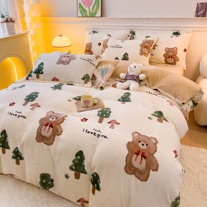 91家纺网 家纺一手货源 找家纺 宜家坊 2023新款小清新加厚印花牛奶绒四件套 简单款-森林小熊