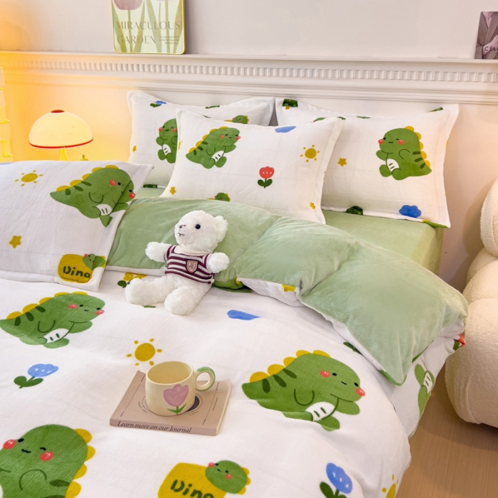 91家纺网 家纺一手货源 找家纺 宜家坊 2023新款小清新加厚印花牛奶绒四件套 简单款-小恐龙