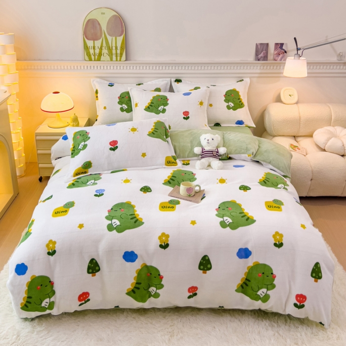 91家纺网 家纺一手货源 找家纺 宜家坊 2023新款小清新加厚印花牛奶绒四件套 简单款-小恐龙