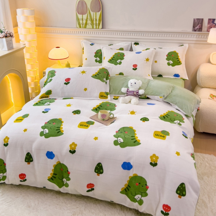 91家纺网 家纺一手货源 找家纺 宜家坊 2023新款小清新加厚印花牛奶绒四件套 简单款-小恐龙