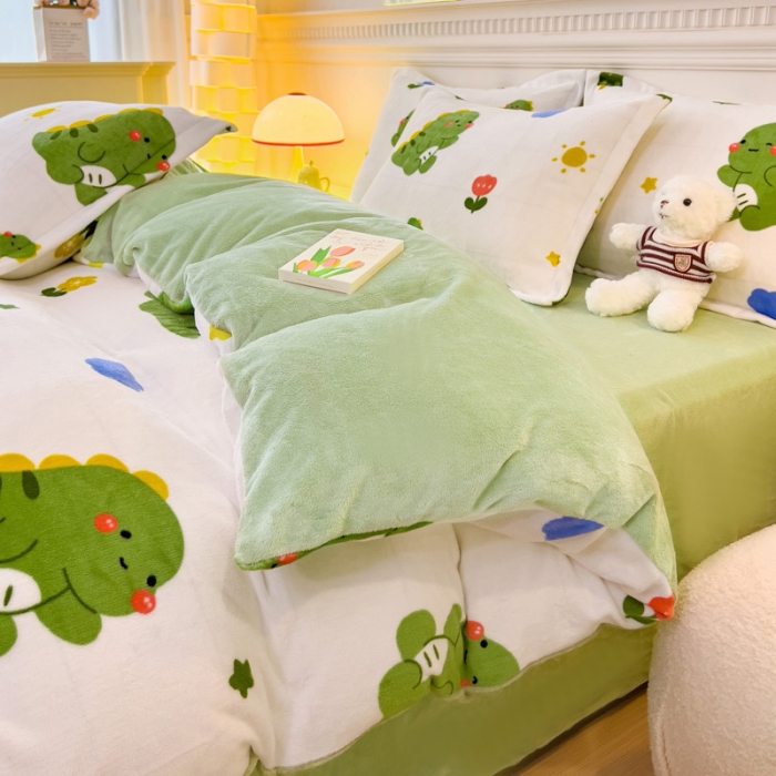 91家纺网 家纺一手货源 找家纺 宜家坊 2023新款小清新加厚印花牛奶绒四件套 简单款-小恐龙