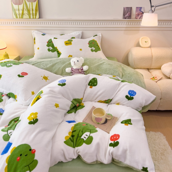 91家纺网 家纺一手货源 找家纺 宜家坊 2023新款小清新加厚印花牛奶绒四件套 简单款-小恐龙