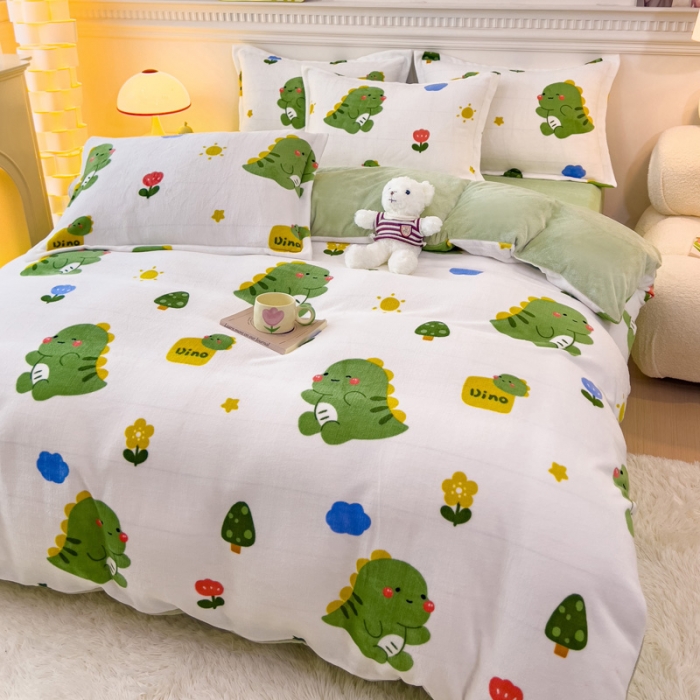 91家纺网 家纺一手货源 找家纺 宜家坊 2023新款小清新加厚印花牛奶绒四件套 简单款-小恐龙