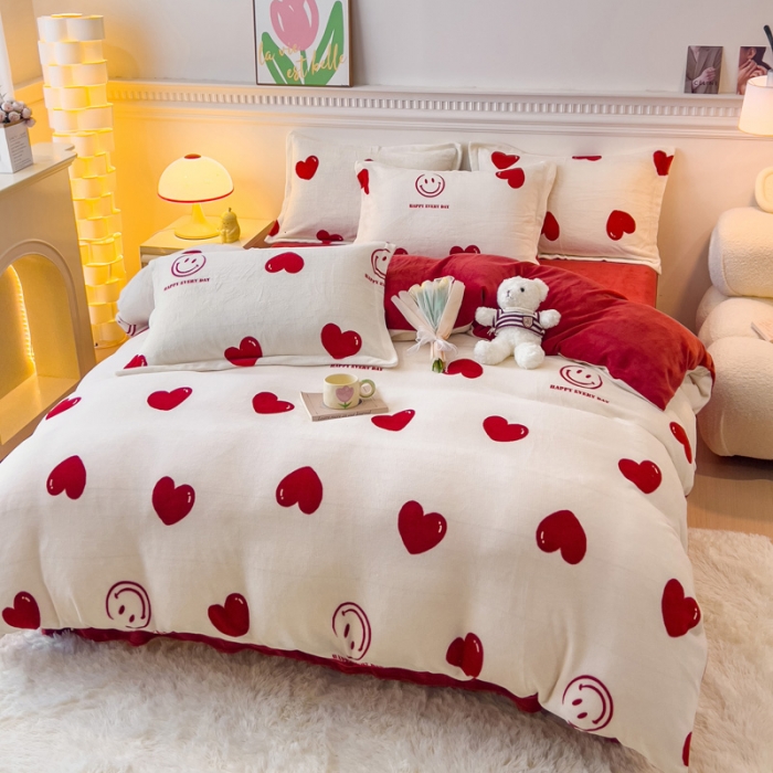 91家纺网 家纺一手货源 找家纺 宜家坊 2023新款小清新加厚印花牛奶绒四件套 简单款-一见倾心