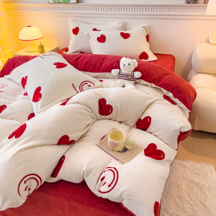 91家纺网 家纺一手货源 找家纺 宜家坊 2023新款小清新加厚印花牛奶绒四件套 简单款-一见倾心