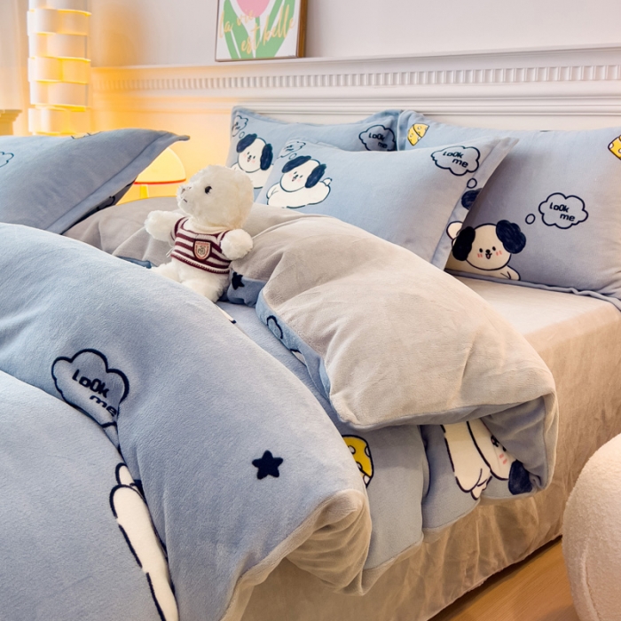 91家纺网 家纺一手货源 找家纺 宜家坊 2023新款小清新加厚印花牛奶绒四件套 简单款-芝士狗狗