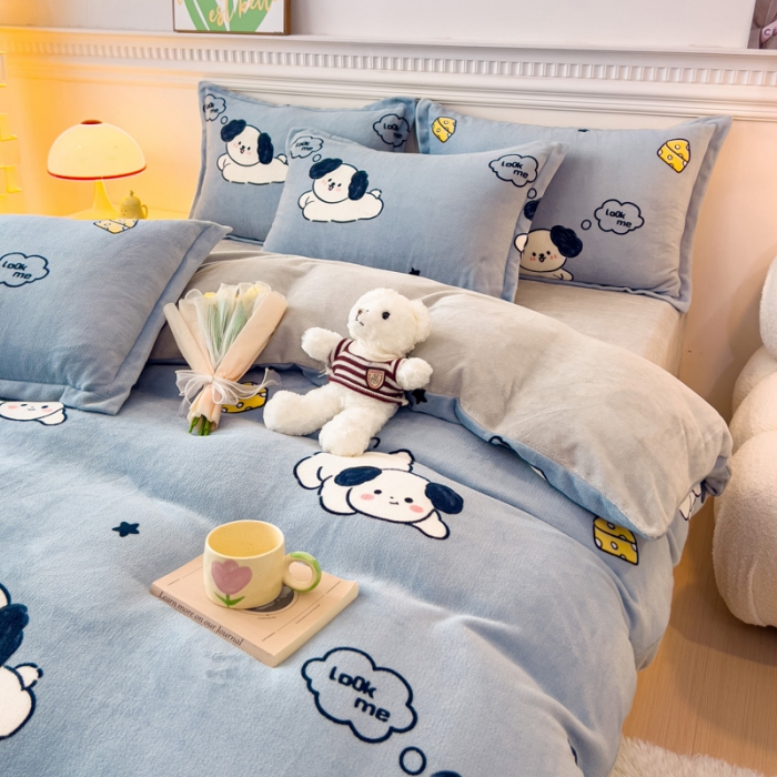 91家纺网 家纺一手货源 找家纺 宜家坊 2023新款小清新加厚印花牛奶绒四件套 简单款-芝士狗狗