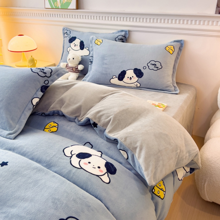 91家纺网 家纺一手货源 找家纺 宜家坊 2023新款小清新加厚印花牛奶绒四件套 简单款-芝士狗狗