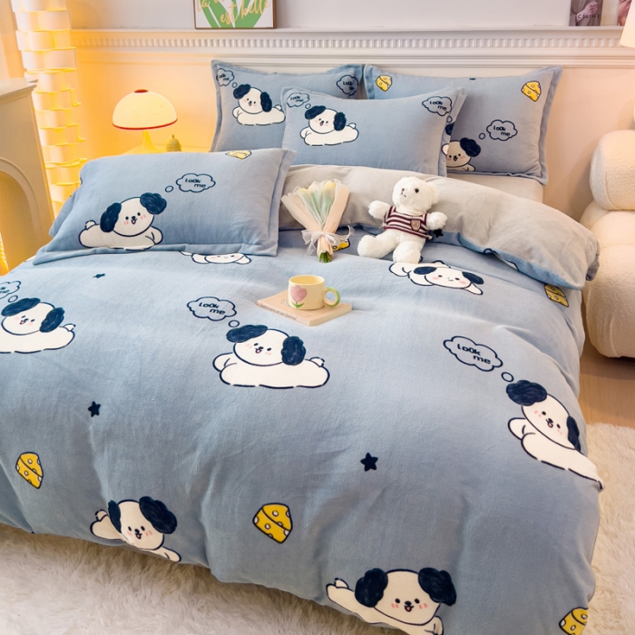 91家纺网 家纺一手货源 找家纺 宜家坊 2023新款小清新加厚印花牛奶绒四件套 简单款-芝士狗狗