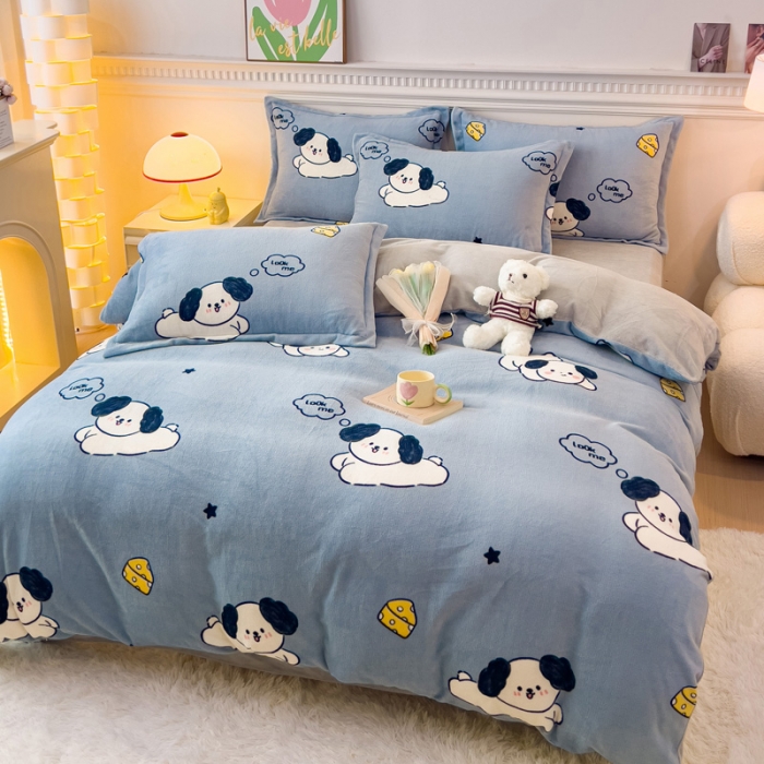 91家纺网 家纺一手货源 找家纺 宜家坊 2023新款小清新加厚印花牛奶绒四件套 简单款-芝士狗狗