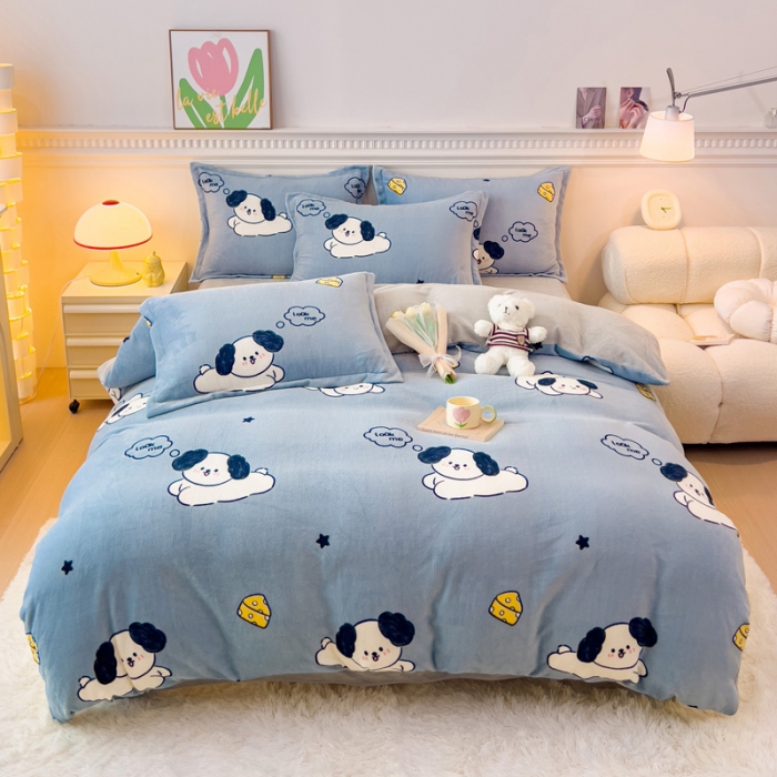 91家纺网 家纺一手货源 找家纺 宜家坊 2023新款小清新加厚印花牛奶绒四件套 简单款-芝士狗狗