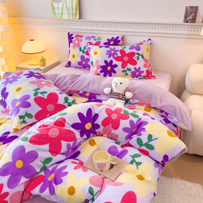 91家纺网 家纺一手货源 找家纺 宜家坊 2023新款小清新加厚印花牛奶绒四件套 简单款-紫色花园