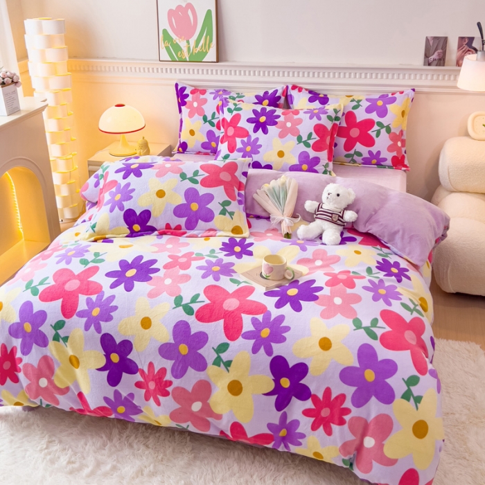 91家纺网 家纺一手货源 找家纺 宜家坊 2023新款小清新加厚印花牛奶绒四件套 简单款-紫色花园