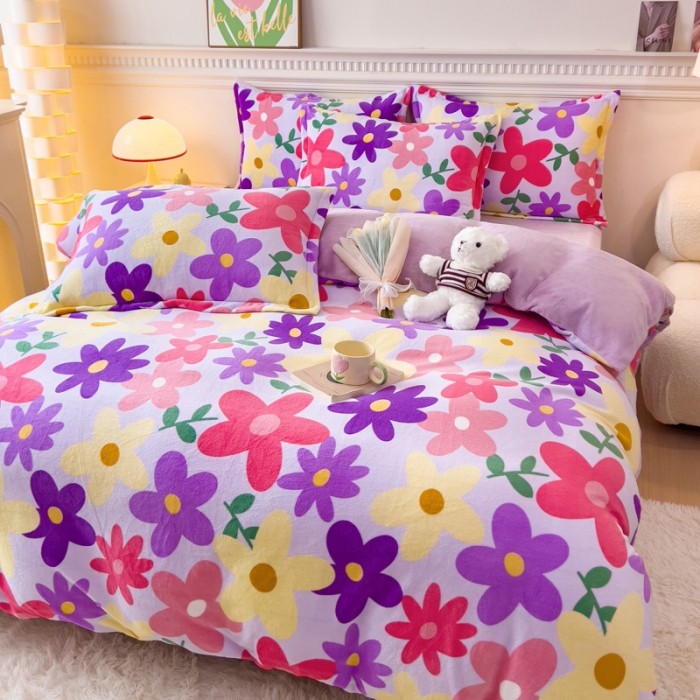 91家纺网 家纺一手货源 找家纺 宜家坊 2023新款小清新加厚印花牛奶绒四件套 简单款-紫色花园