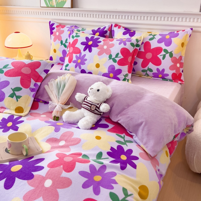 91家纺网 家纺一手货源 找家纺 宜家坊 2023新款小清新加厚印花牛奶绒四件套 简单款-紫色花园