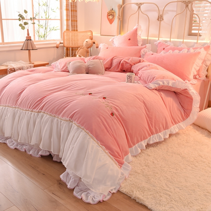 91家纺网 家纺一手货源 找家纺 欧冠 2023公主风倾城牛奶绒四件套 倾城-粉色