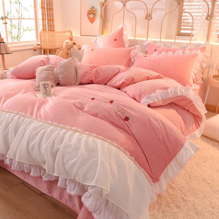 91家纺网 家纺一手货源 找家纺 欧冠 2023公主风倾城牛奶绒四件套 倾城-粉色