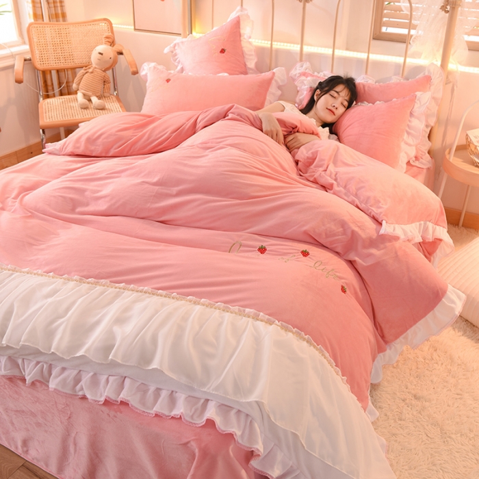 91家纺网 家纺一手货源 找家纺 欧冠 2023公主风倾城牛奶绒四件套 倾城-粉色