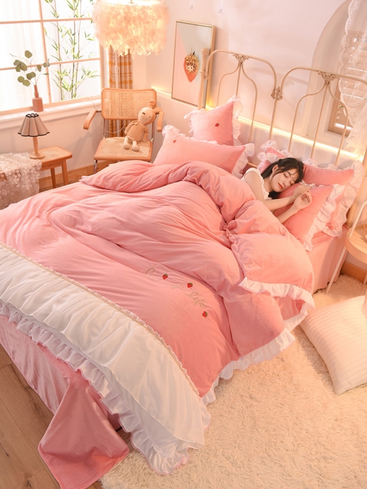 91家纺网 家纺一手货源 找家纺 欧冠 2023公主风倾城牛奶绒四件套 倾城-粉色