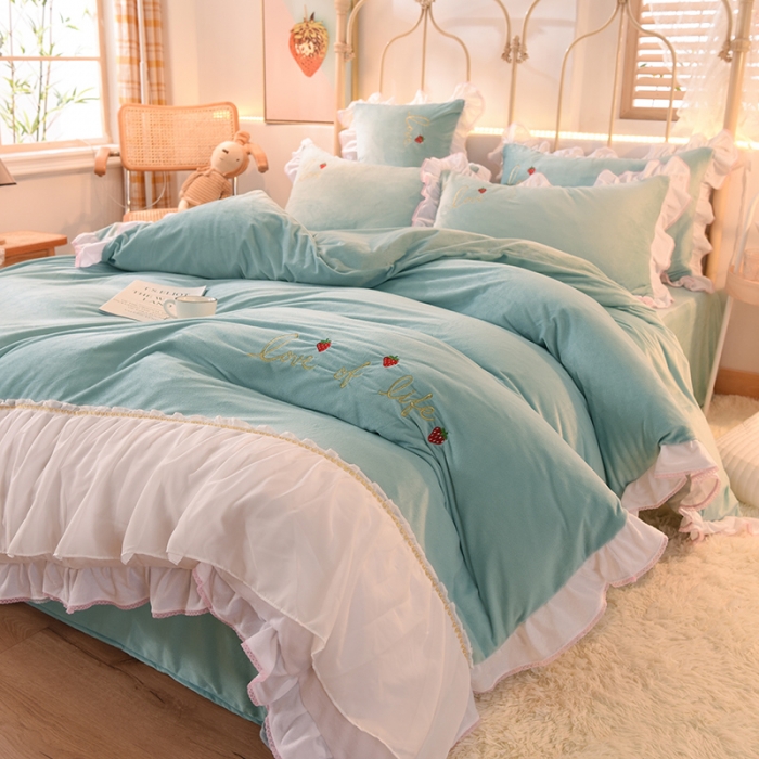 91家纺网 家纺一手货源 找家纺 欧冠 2023公主风倾城牛奶绒四件套 倾城-慕蓝